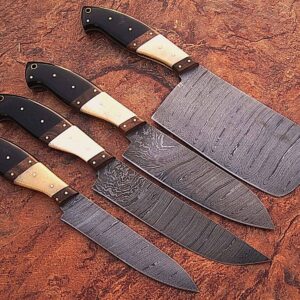 Chef Knife setSpecifications    . Overall Length:       - Ranges from 17 inches to 9 inches  4. Blade Length:      - Ranges from 12 inches to 4 inches    Blade  Material: Damascus steel Handle  Material: Gorgeous. Camel Bone And Buffalo Horn