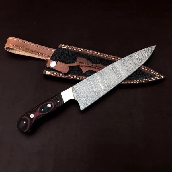 Damascus Steel Chef knife Specifications ♦️ OVERALL LENGTH : 13 inches  ♦️ BLADE LENGTH : 8 inches   ♦️ HANDLE LENGTH : 5 inches Blade  Material: Damascus steel Damascus Steel Chef knife
